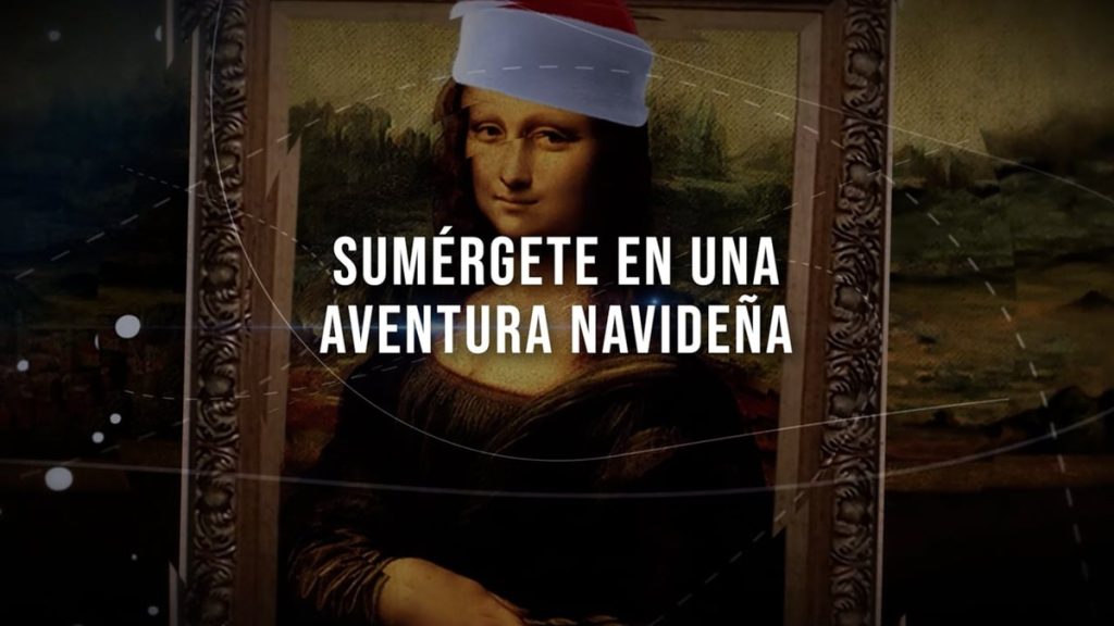 Juegos online de Navidad para empresas: fotograma del tráiler del Christmas Escape Room, con la Mona Lisa con gorro de Papá Noel