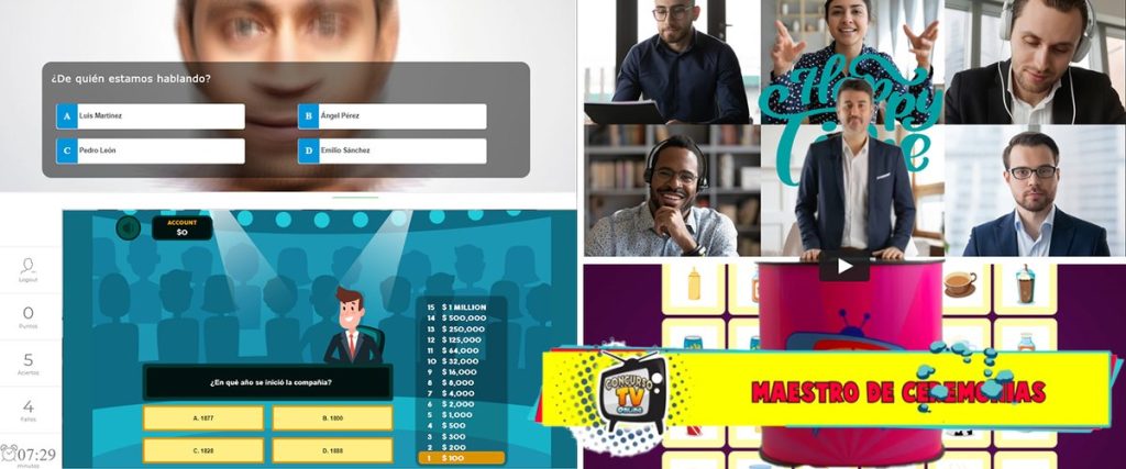 Empresa de gamificación que dinamiza en directo: pantallas del Concurso de TV online con el presentador y los equipos conectados