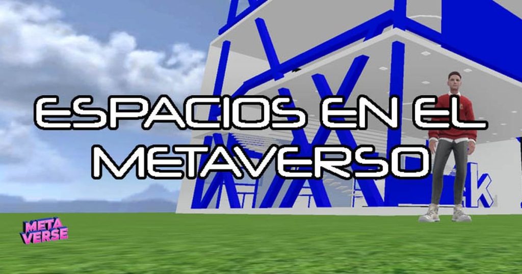 Eventos online para empresas en un espacio virtual: portada de Espacios en el metaverso de Kleverplay con un avatar ante un edificio azul