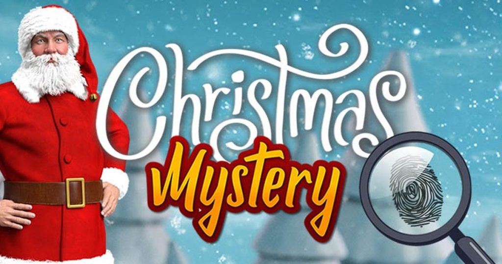 Juegos online de Navidad para empresas: portada de Misterio en Navidad con Papá Noel y una lupa