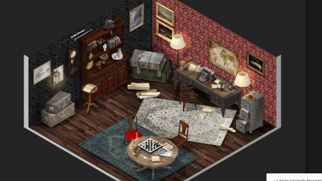Eventos online para empresas: sala de juego en 3D con escritorio, archivadores y un tablero sobre la alfombra, vista desde arriba