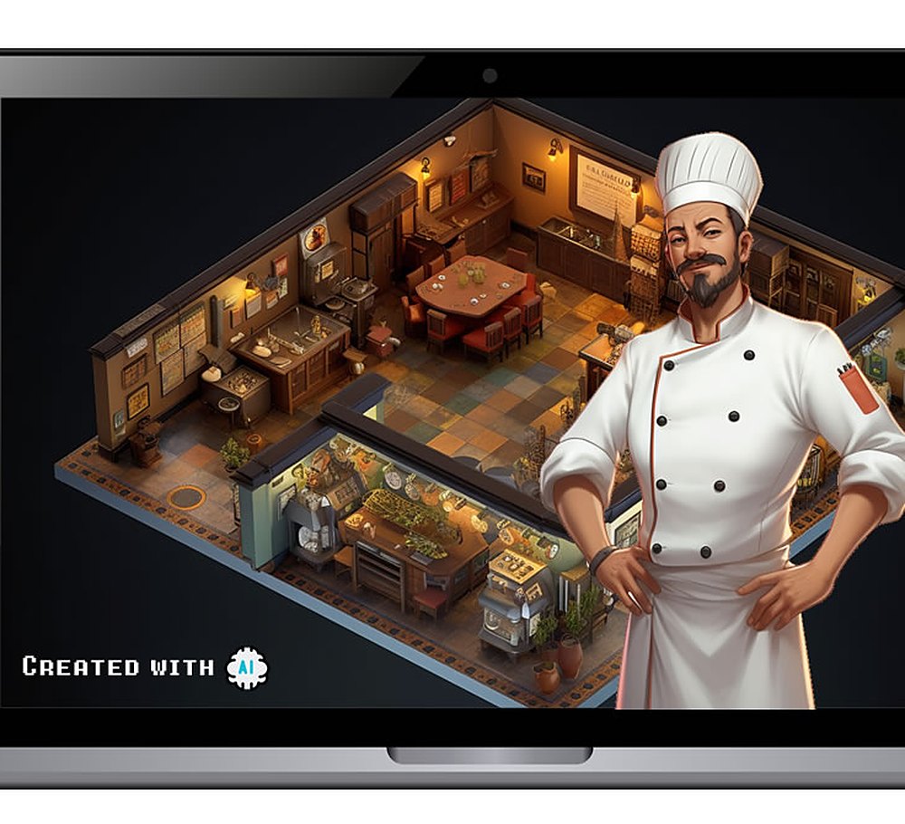 Gamificación con inteligencia artificial: escenario de cocina creado con IA en el editor Text-to-Gamification