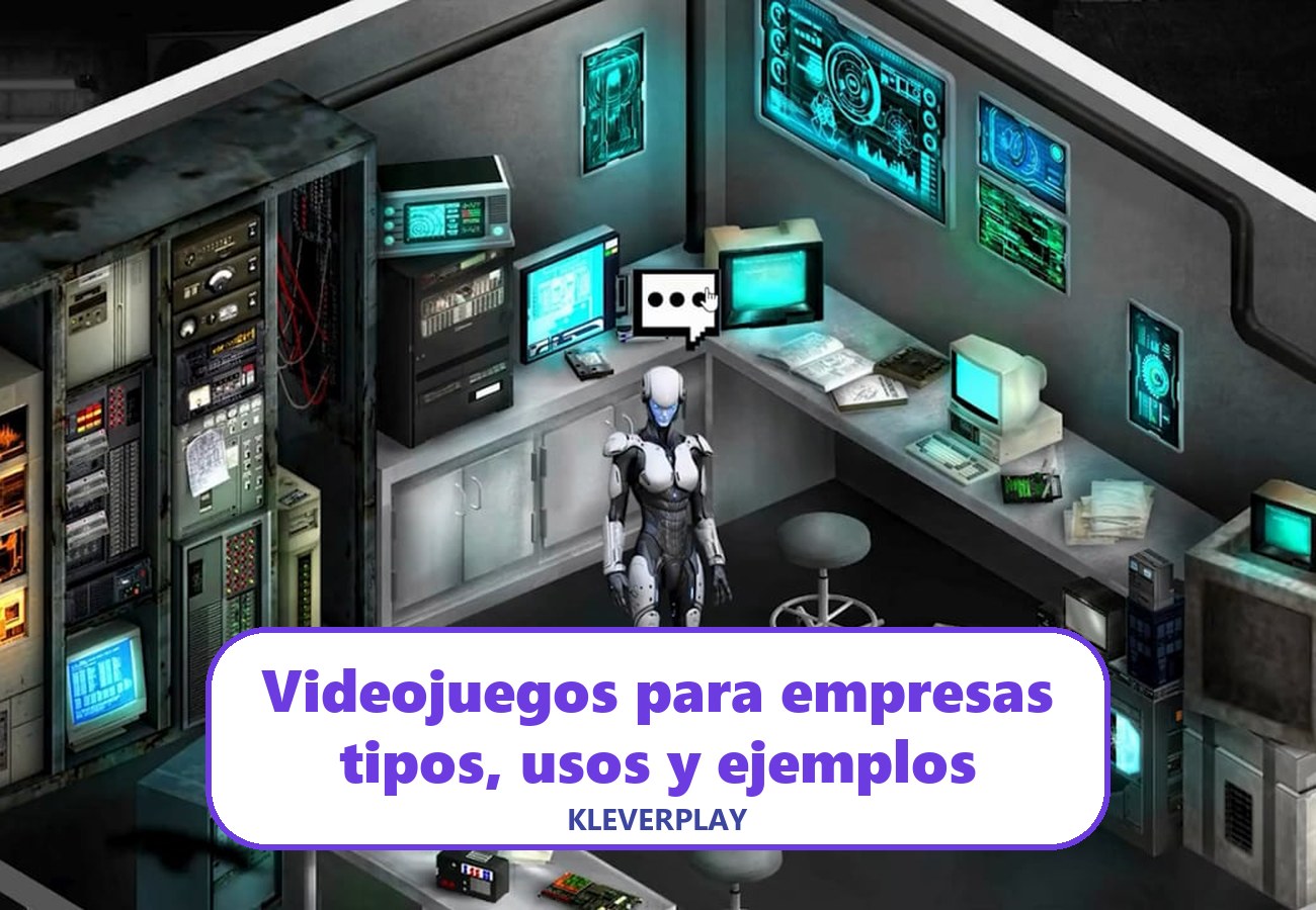 Videojuegos para empresas: laboratorio isométrico con un robot y pantallas de un juego de Kleverplay, con el título de la guía