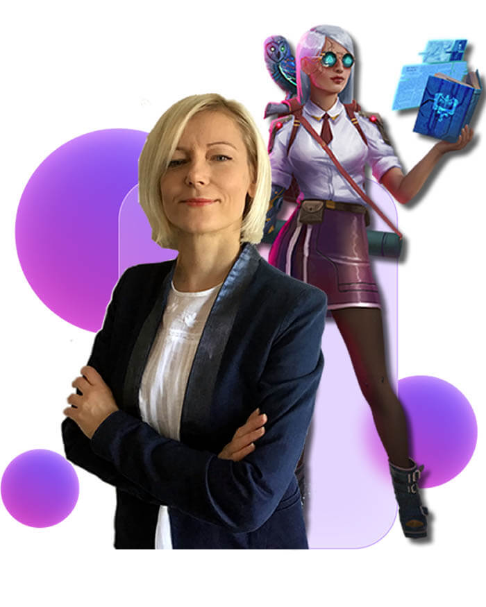 Empleada junto a los avatares de los juegos de gamificación para empresas