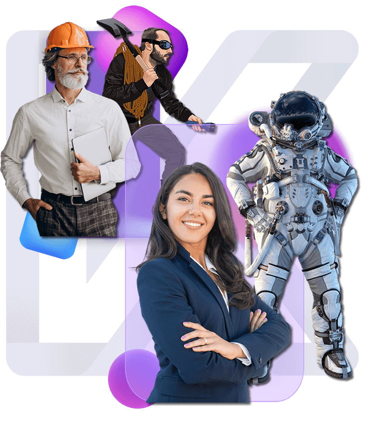 Personajes de los juegos de gamificación para empresas: ejecutivos, astronauta y operario